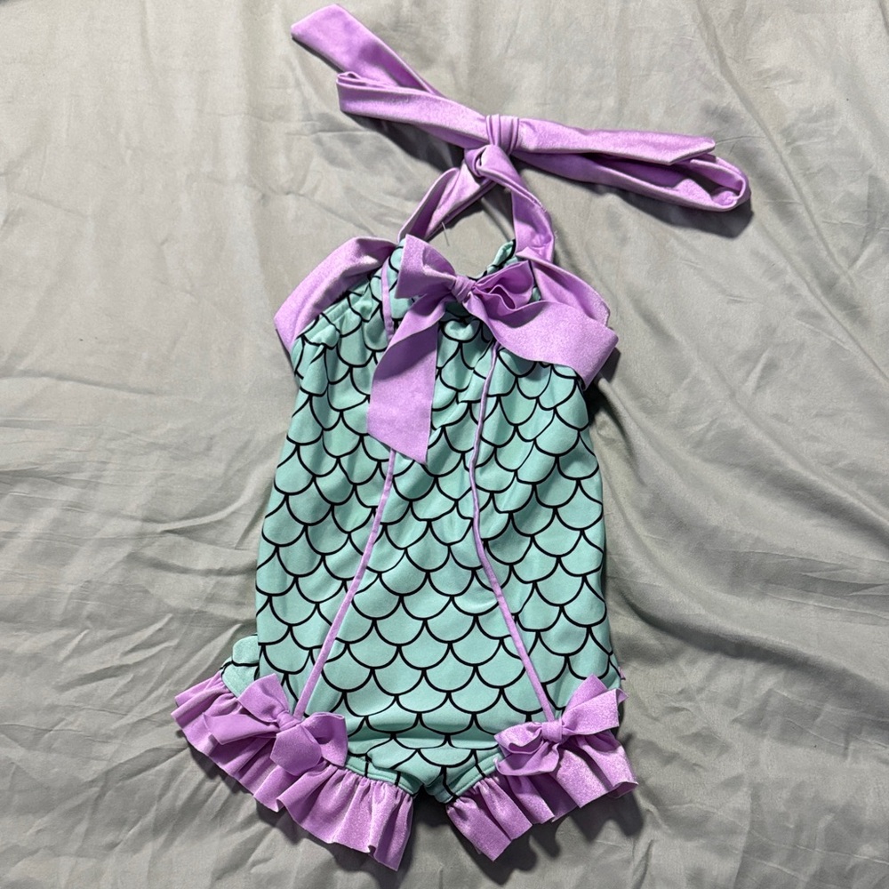 Kids Mermaid Scale One Piece Swimsuit - Purple and Green